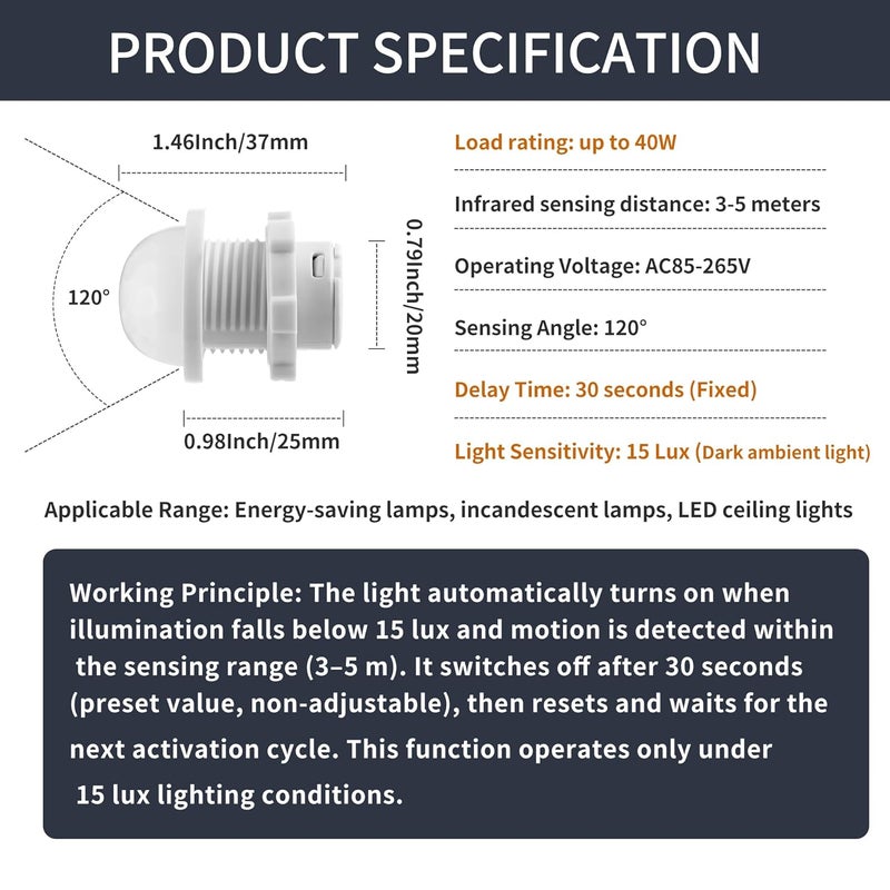 A.I.FORCE 3 Packs Motion Sensor Light Switch, PIR Sensor Smart Detection Switch, 85-265V 40W, 30 Second Delay Working Under Light Below 15 Lux, Ceiling or Wall Mount, Fit for LED Lamp, Bulb Light and More - Image 3